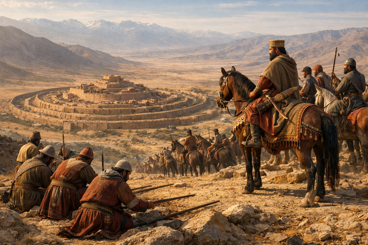 Persian cavalry on a mountain pass overlooking the walled city of Ecbatana, with Median soldiers surrendering in the foreground, rendered in the style of ancient Near Eastern relief art.