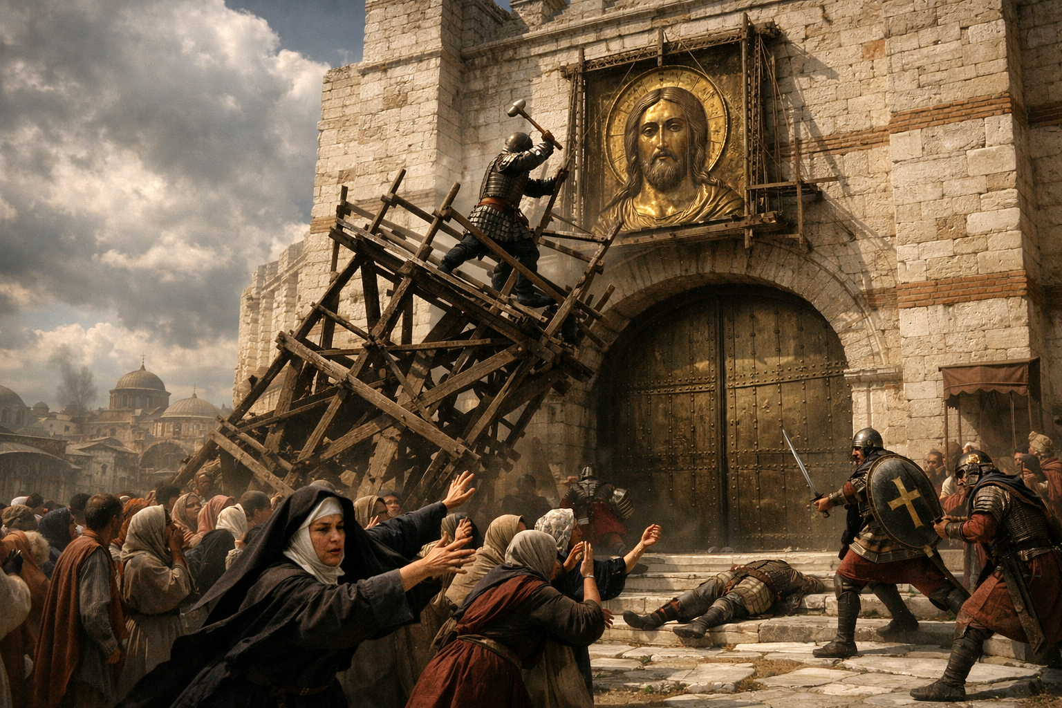 A Byzantine soldier on imperial scaffolding hammers a bronze icon of Christ above the Chalke Gate while a crowd of horrified citizens and a nun leading women attempt to topple the scaffolding, as armored guards advance with swords drawn in a chaotic marble square.