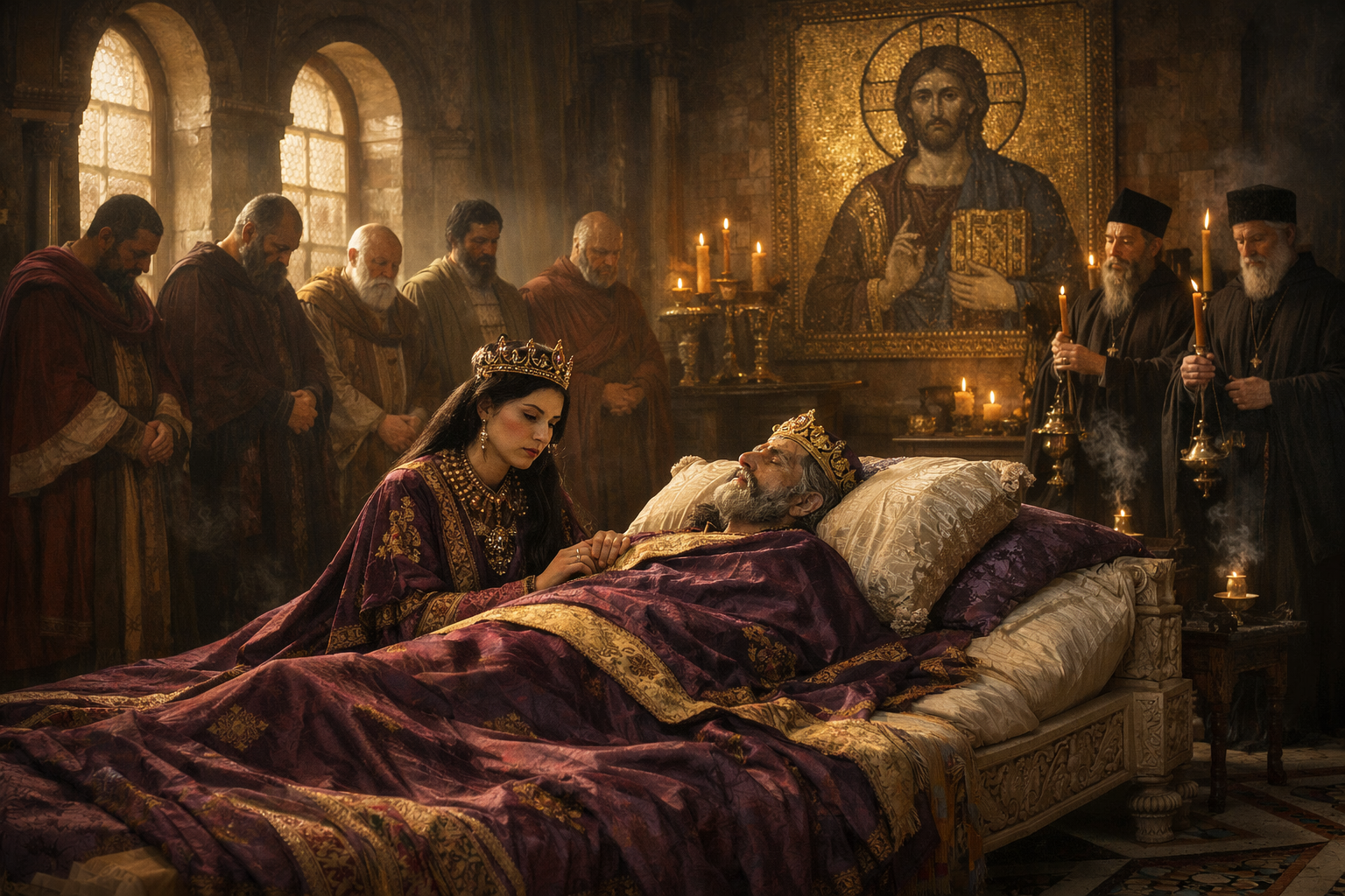 Empress Irene kneels in composed grief at the deathbed of Emperor Leo IV in a grand Byzantine palace chamber, surrounded by court officials and clergy, as morning light filters through alabaster windows in Constantinople, 780 CE.