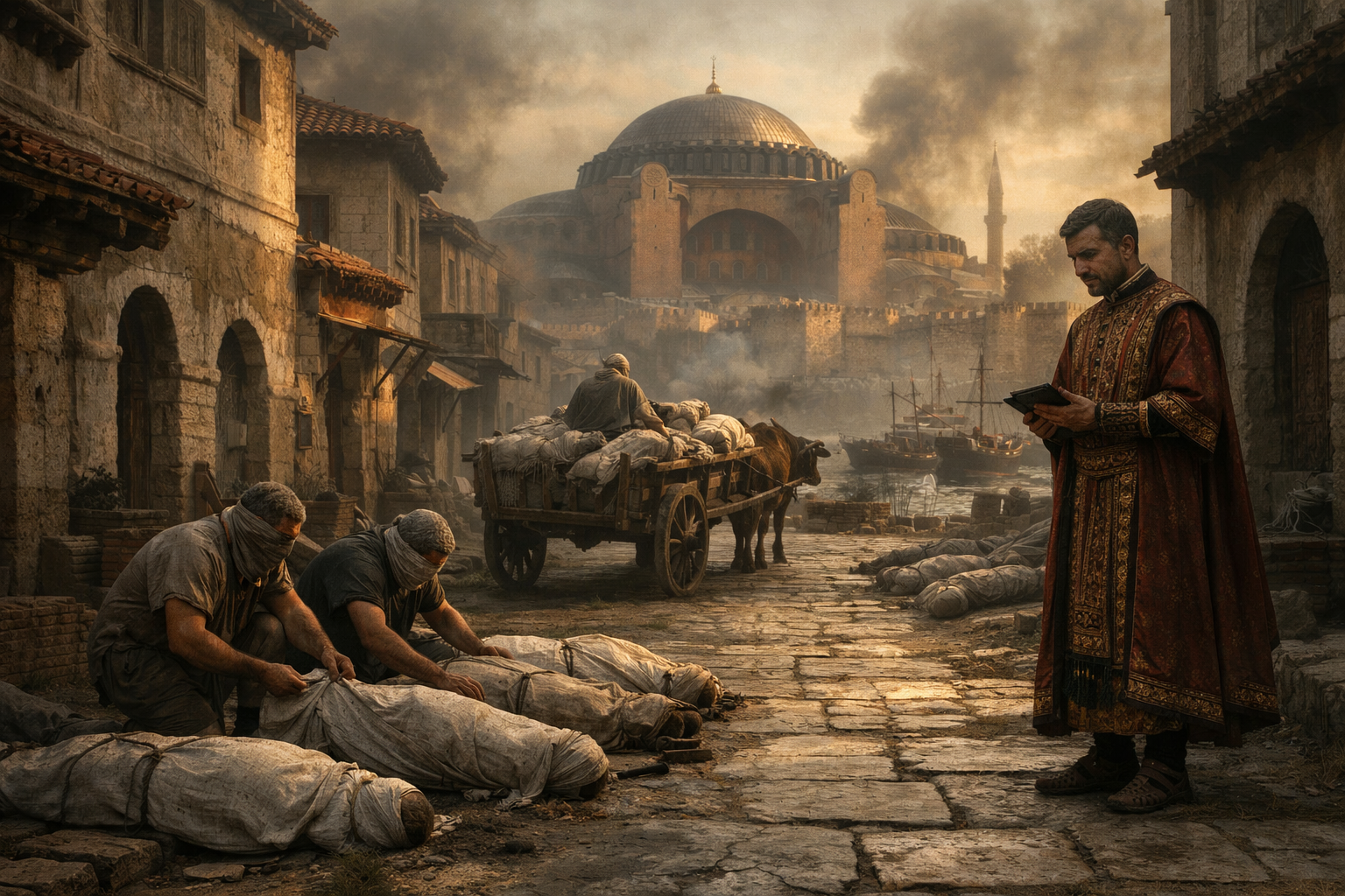 A grim Byzantine street in Constantinople during the Plague of Justinian, 542 CE, with shrouded bodies lining the pavement, exhausted workers loading a cart, and the great dome of Hagia Sophia visible above the rooftops against a smoke-hazed sky, the Golden Horn visible in the distance with idle ships.