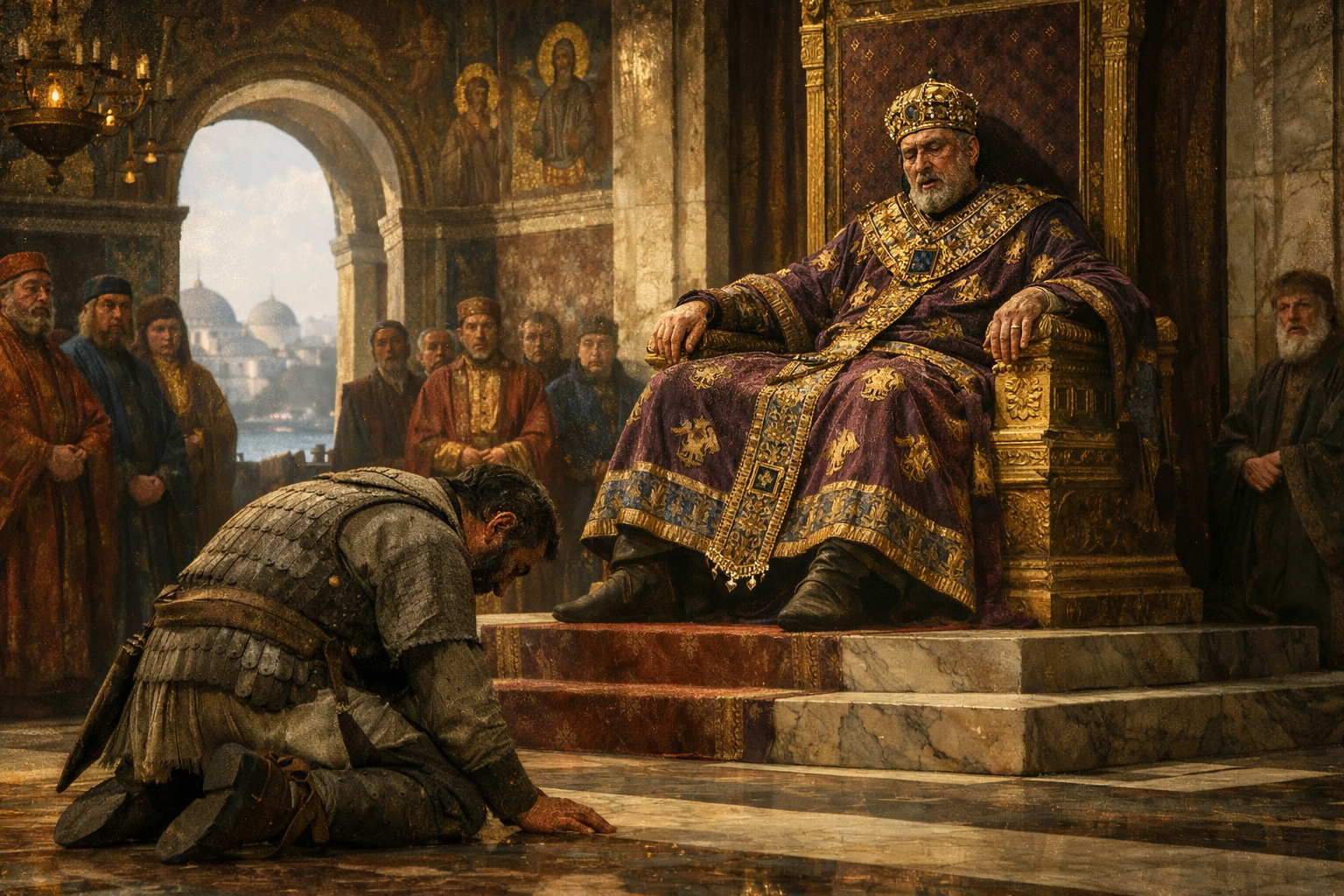 Byzantine Emperor Manuel I Komnenos slumps on his golden throne in the Blachernae Palace throne room, receiving a kneeling messenger bearing news of the catastrophic defeat at Myriokephalon, surrounded by stunned courtiers in silk robes, spring 1176 AD.