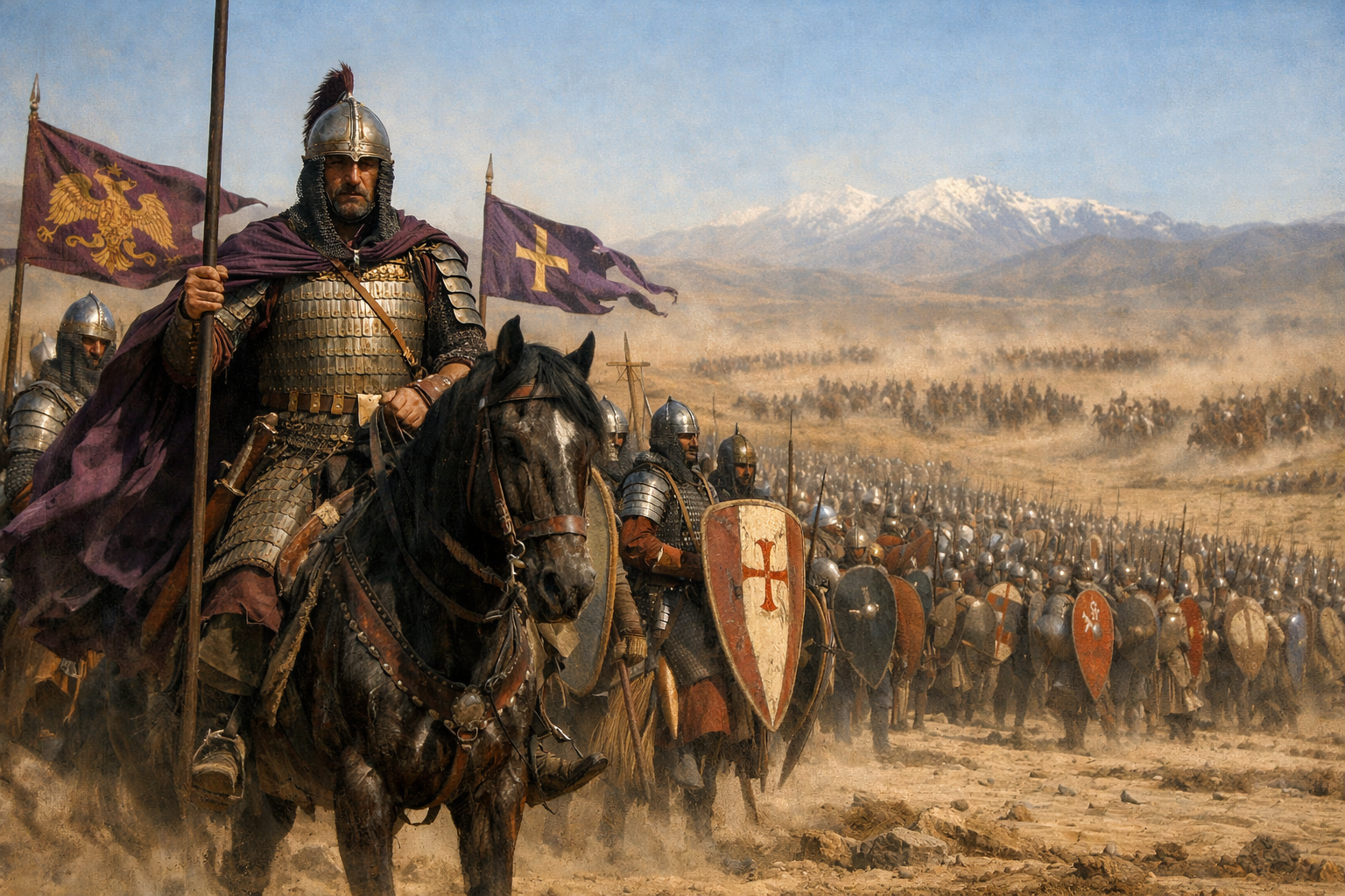 Byzantine Emperor Romanos IV Diogenes on horseback in lamellar armor surveys his vast army on the dusty Anatolian plains as Seljuk Turkish horse archers begin their encircling attack at the Battle of Manzikert, 1071.
