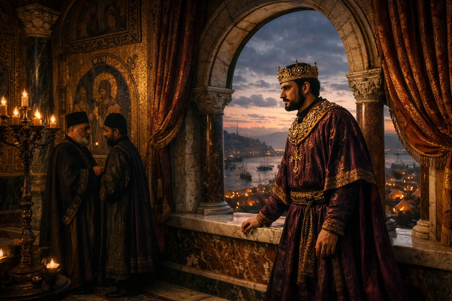 Byzantine Emperor Manuel I Komnenos stands at a marble palace window in imperial purple robes, gazing across the Bosphorus at the campfires of the crusader army on the Asian shore at dusk, while advisors confer behind him in a gold-mosaic hall.