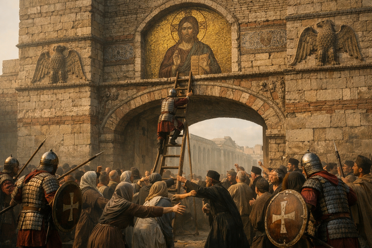 A Byzantine soldier on a scaffold ladder reaches toward a gilded icon of Christ on the Bronze Gate of Constantinople's Great Palace while an angry crowd of citizens and monks surges forward to stop him, with other armored soldiers holding the crowd back, set against the monumental stone gateway in hazy morning light.