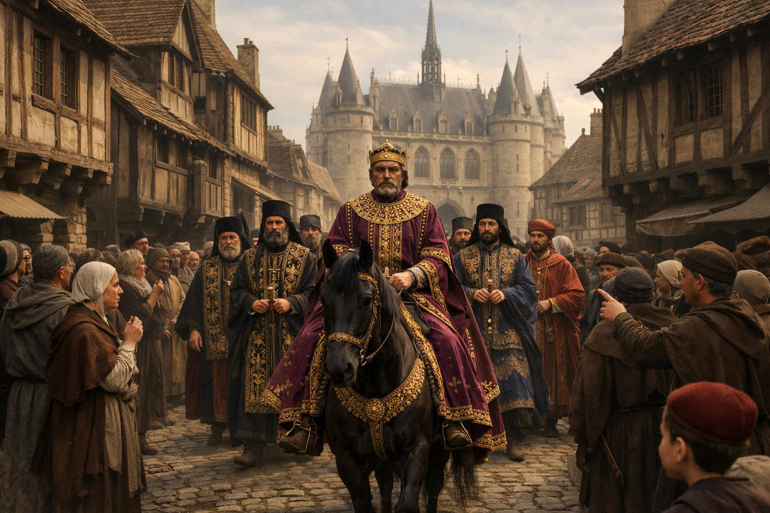 Byzantine Emperor Manuel II Palaeologus in purple imperial robes rides on horseback through a medieval Parisian cobblestone street, accompanied by Greek Orthodox priests and nobles, watched by French crowds, with a Gothic royal palace visible in the background.