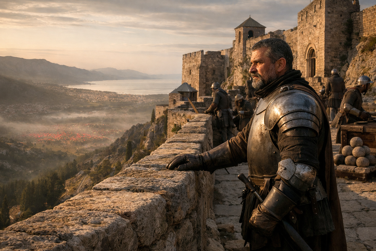 A Croatian captain in 16th-century plate armor stands on the limestone battlements of Klis Fortress at dawn, gazing toward a distant assembling Ottoman army in the valley below, with the Adriatic Sea visible on the horizon.