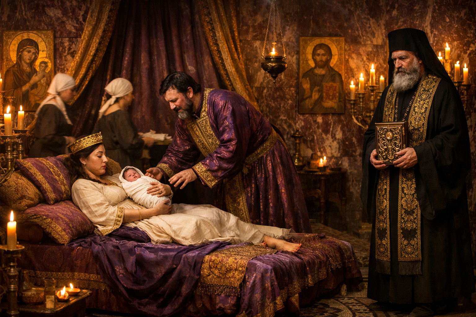 A Byzantine imperial birthing chamber with purple porphyry walls lit by beeswax candles, where an exhausted empress cradles her newborn son while a tearful emperor reaches toward the child, attended by midwives and a watchful patriarch.