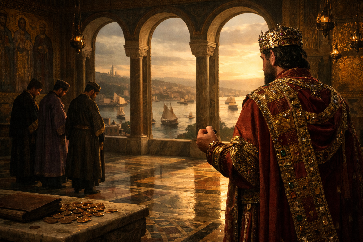 Emperor Alexios I Komnenos stands alone in the gilded marble hall of Constantinople's Great Palace at sunset, fist clenched around a debased coin, gazing toward the Bosphorus harbor while anxious advisors wait behind him.