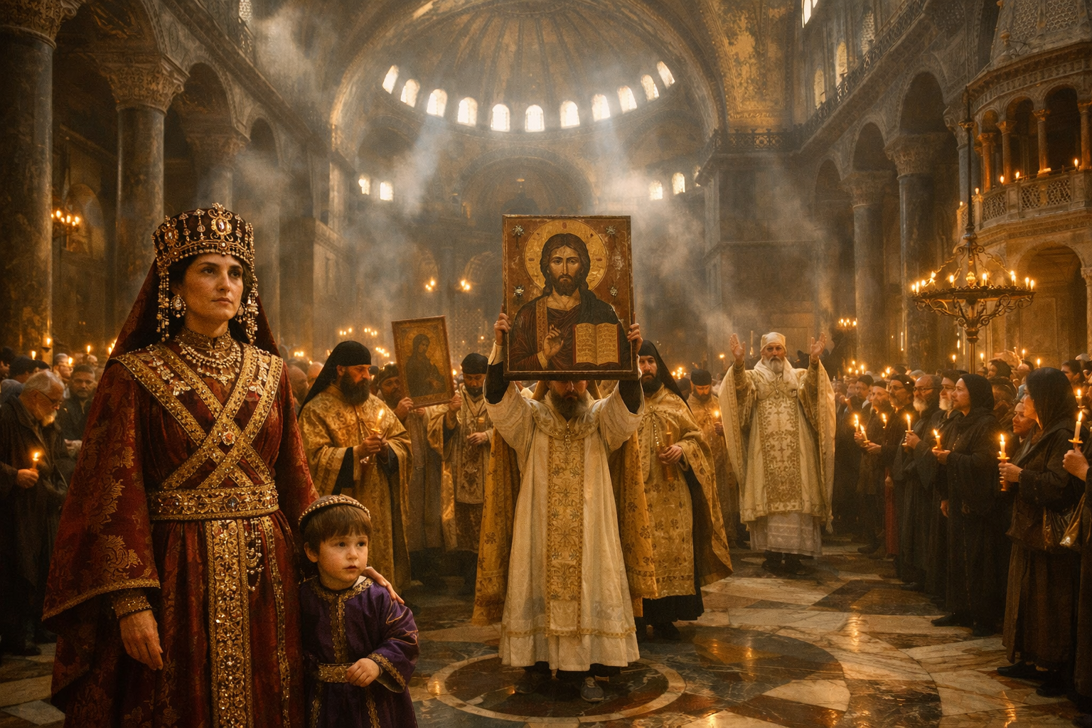 Inside the Hagia Sophia, Empress Theodora in imperial Byzantine regalia stands beside her young son as a procession of priests carries a worn icon of Christ Pantocrator through the candlelit nave, while the Patriarch Methodius raises his hands in blessing before a weeping congregation.