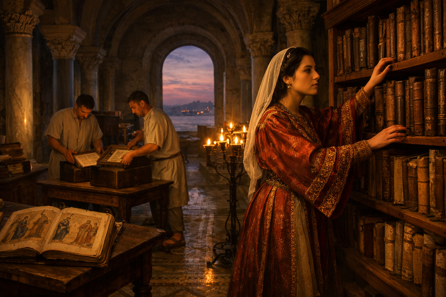 A young Byzantine noblewoman in silk robes works by oil-lamp light in a marble-columned imperial library at dawn, directing servants who carefully pack illuminated manuscripts into felt-lined wooden boxes as pale light enters through high arched windows.