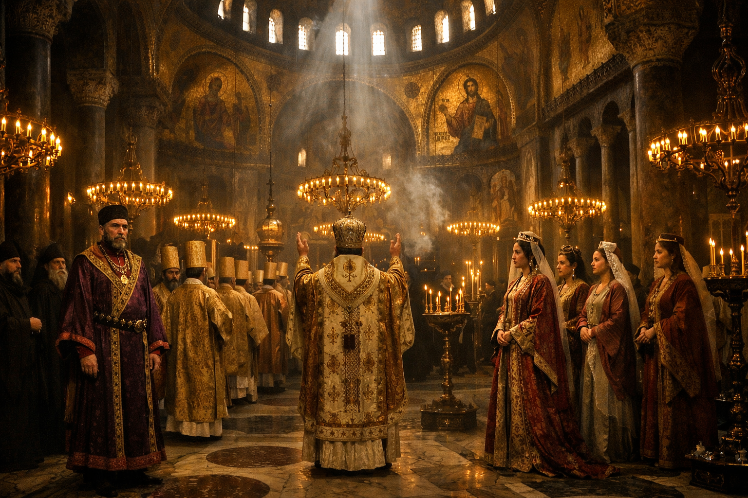 Inside the Hagia Sophia in 1341, candlelit and filled with incense smoke, Byzantine clergy and nobles in gold and purple robes gather in solemn mourning, while John Kantakouzenos and Anna of Savoy stand in tense proximity beneath the vast golden mosaics of the dome.