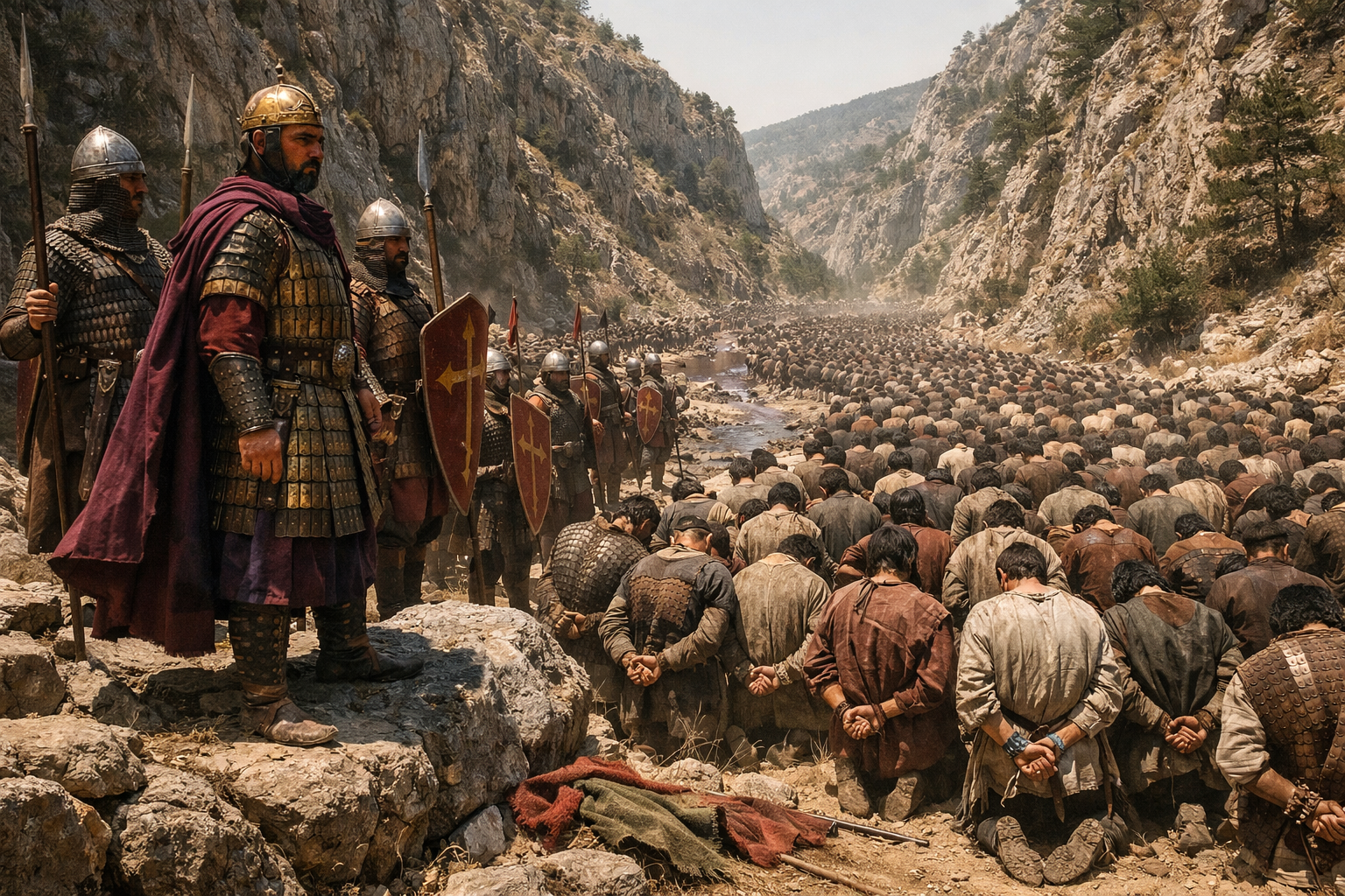 Emperor Basil II in Byzantine lamellar armor stands on a rocky outcrop surveying thousands of kneeling bound Bulgarian prisoners in a sunlit mountain pass, flanked by armed Byzantine soldiers, following the Battle of Kleidion in 1014 CE.