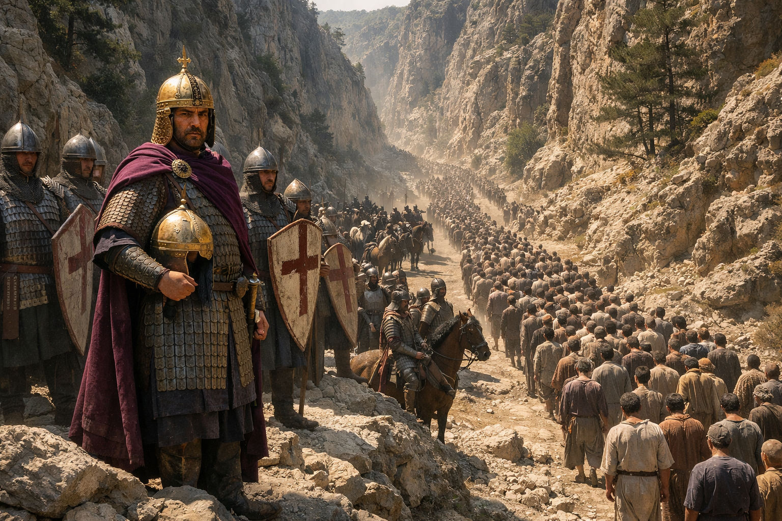 Byzantine Emperor Basil II in lamellar armor and imperial purple cloak stands on a rocky outcrop in the Kleidion Pass, overseeing thousands of Bulgarian prisoners in long columns guarded by Byzantine soldiers and cavalry, with towering limestone cliffs rising on either side under a harsh summer sun.