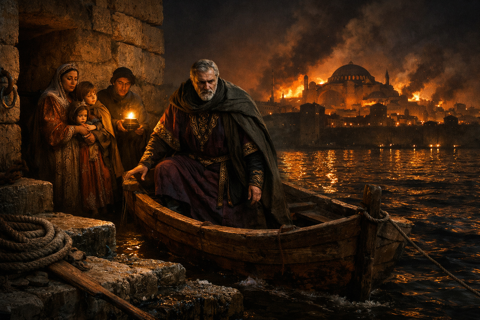 Emperor Maurice in imperial robes boards a small wooden boat at a secret palace harbor at night, his family beside him, while Constantinople burns in the background, 602 CE.