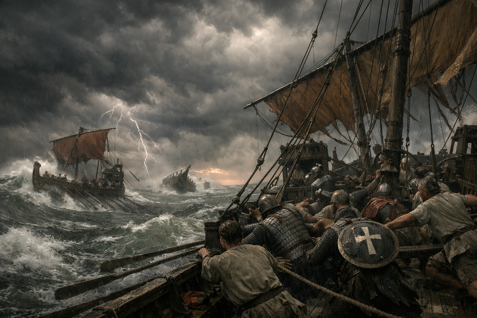A Byzantine war fleet of dromons is battered by a violent storm in the Aegean Sea, sailors struggling to control the ships as masts snap and waves crash over the decks, with volcanic pumice visible on the distant water.
