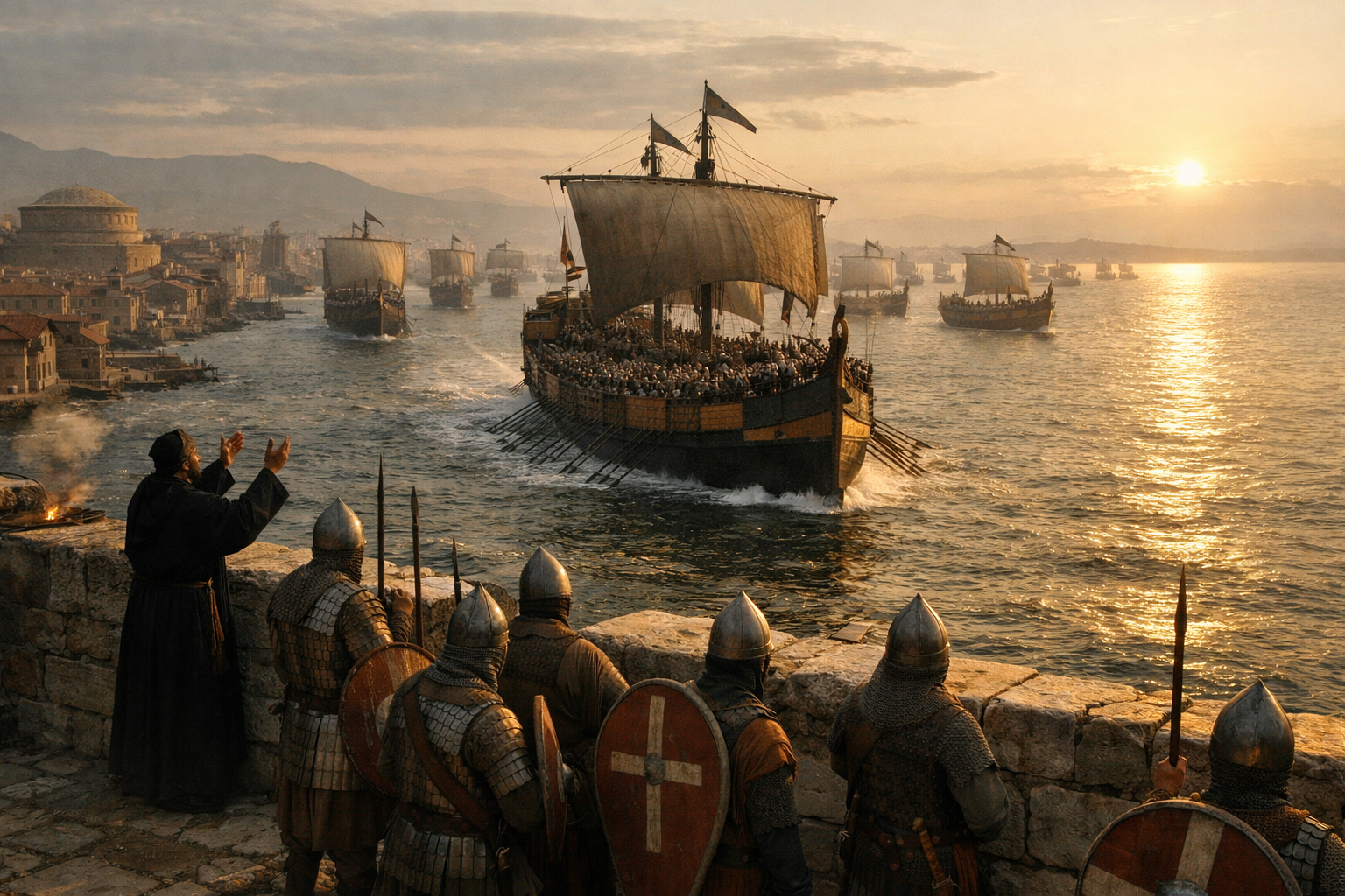 Byzantine defenders on the sea walls of Thessalonica watch in terror as a massive Arab fleet of dromons approaches across the Thermaic Gulf at dawn, with the city's rooftops and the Rotunda visible behind them, July 904 CE.