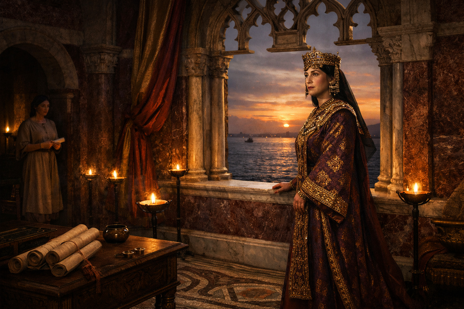 Empress Theodora stands at an arched marble window in the Boukoleon Palace, gazing over the Marmara Sea at dusk, dressed in imperial Byzantine silk and jewels, surrounded by oil lamps and porphyry walls, while a servant enters with news in the background.