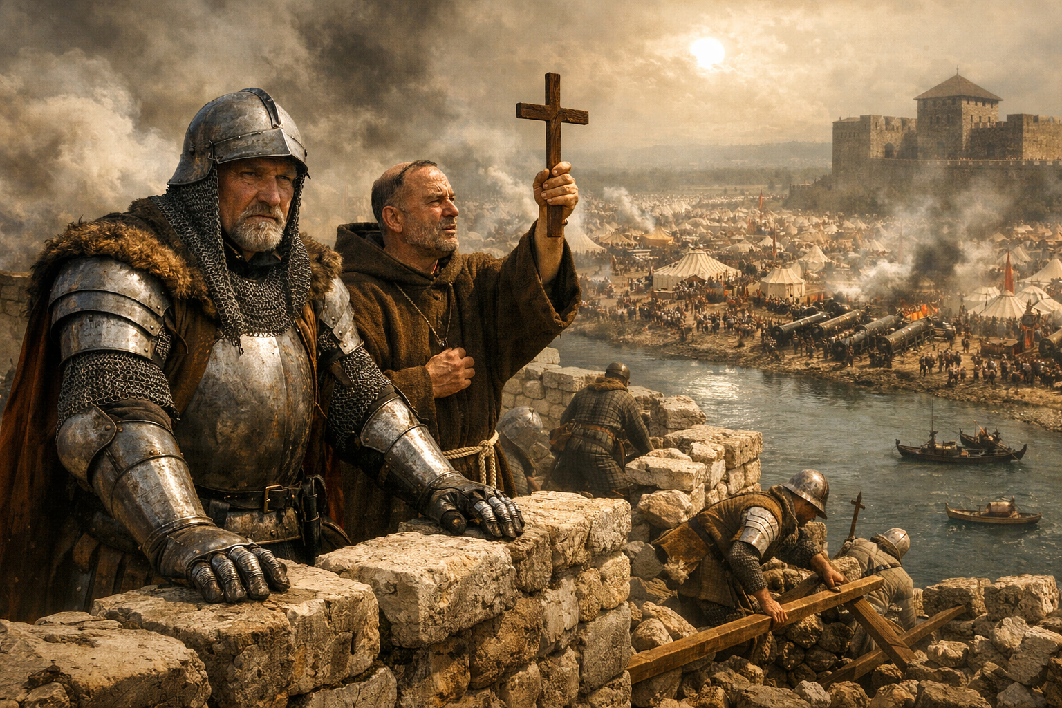 John Hunyadi in plate armor stands on Belgrade's smoke-wreathed battlements beside a Franciscan friar, gazing across the Danube at the vast Ottoman army of Sultan Mehmed II with hundreds of cannons arrayed on the far bank, July 1456.