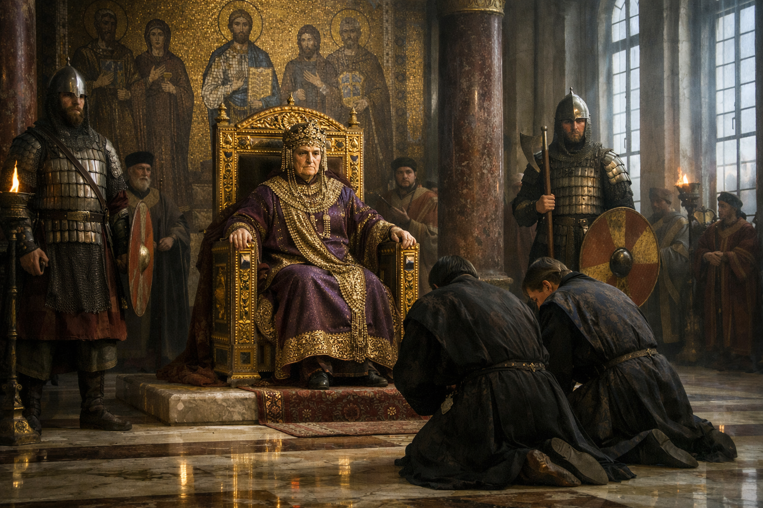 Elderly Empress Theodora in full Byzantine imperial regalia sits rigidly on a jeweled golden throne in the marble Great Palace, receiving kneeling advisors while Varangian Guards stand at attention, Constantinople, winter 1055 CE.