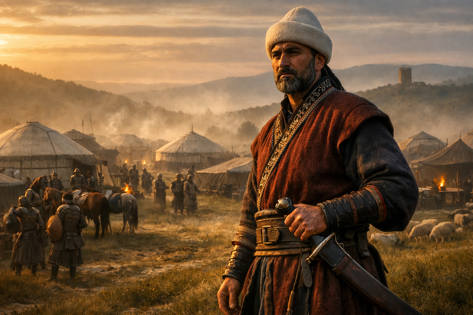 A weathered Turkic chieftain in 13th-century Anatolian dress stands at the edge of a misty nomadic encampment on the Sรถฤรผt Plains at dawn, his hand resting on his sword hilt as warriors assemble behind him and a distant Byzantine watchtower looms on the horizon.