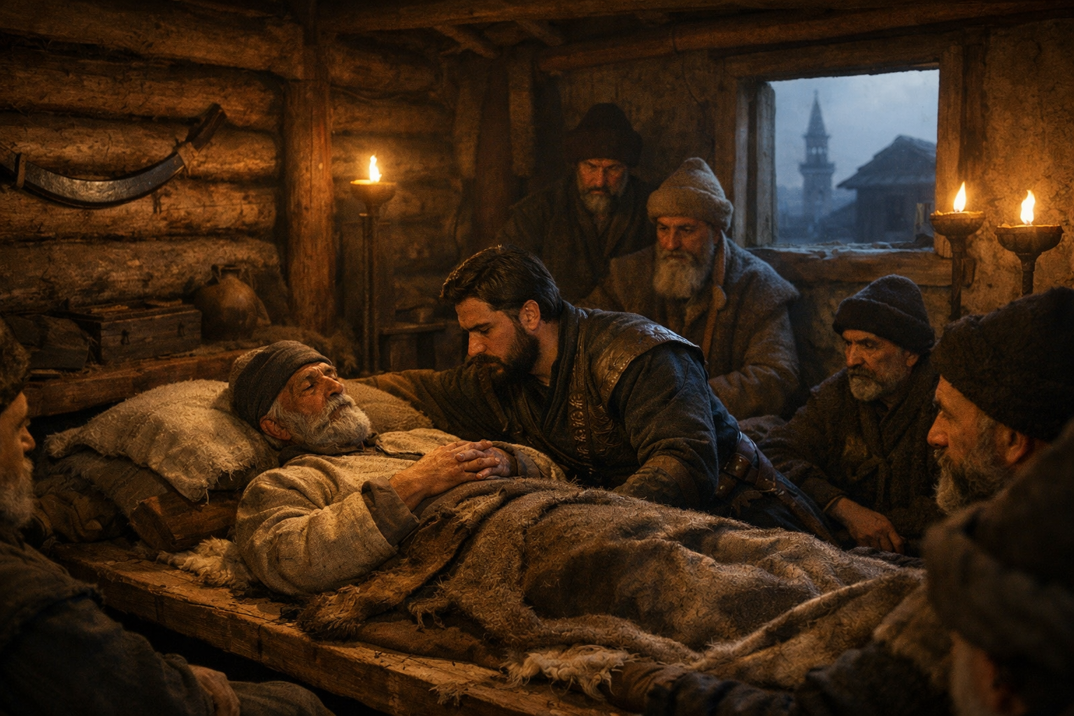 An aged Osman I lies on a simple wooden deathbed in a rough timber room in Sรถฤรผt, surrounded by tribal warriors holding oil lamps, as his son Orhan leans close to receive his final words in 1324.