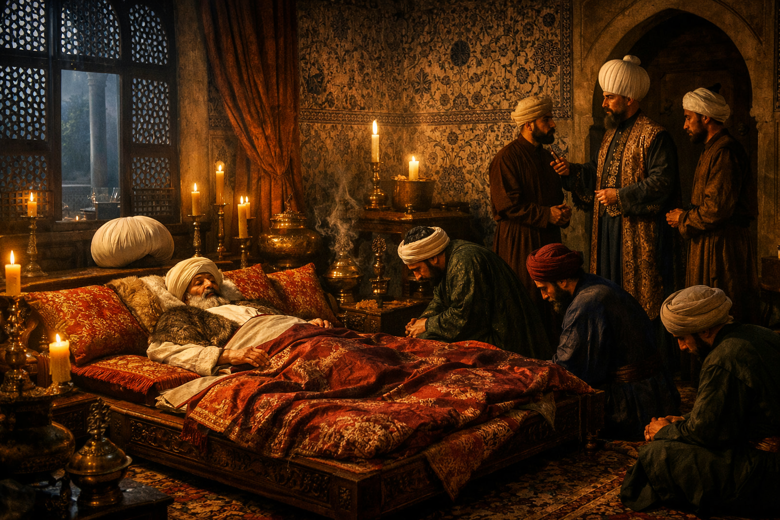 Ottoman court officials gather in solemn silence around the deathbed of Sultan Selim I inside a candlelit, tile-adorned chamber of Topkapi Palace in September 1520.