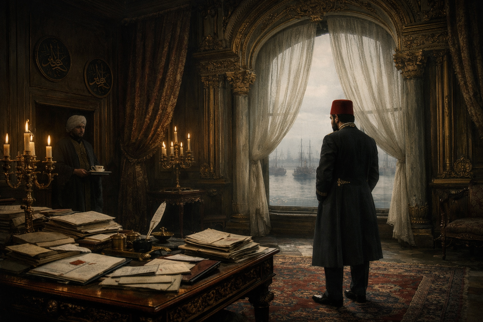 A young Ottoman sultan in 19th-century frock coat and red fez stands at an ornate gilded window of Dolmabahรงe Palace, gazing over the misty Bosphorus at anchored warships, while a desk piled with dispatches and a waiting chamberlain fill the shadowed interior behind him.