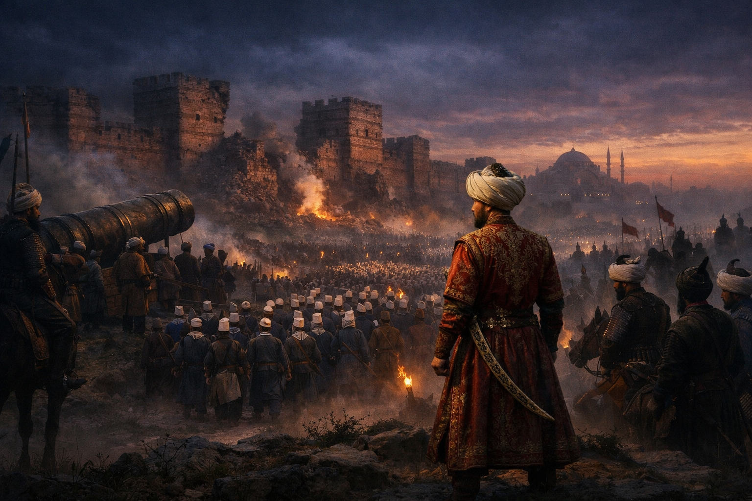 A vast Ottoman army advances at pre-dawn toward the breached Theodosian walls of Constantinople on May 29, 1453, with Sultan Mehmed II watching from a ridge as cannon smoke fills the air and the silhouette of Hagia Sophia looms in the distance.