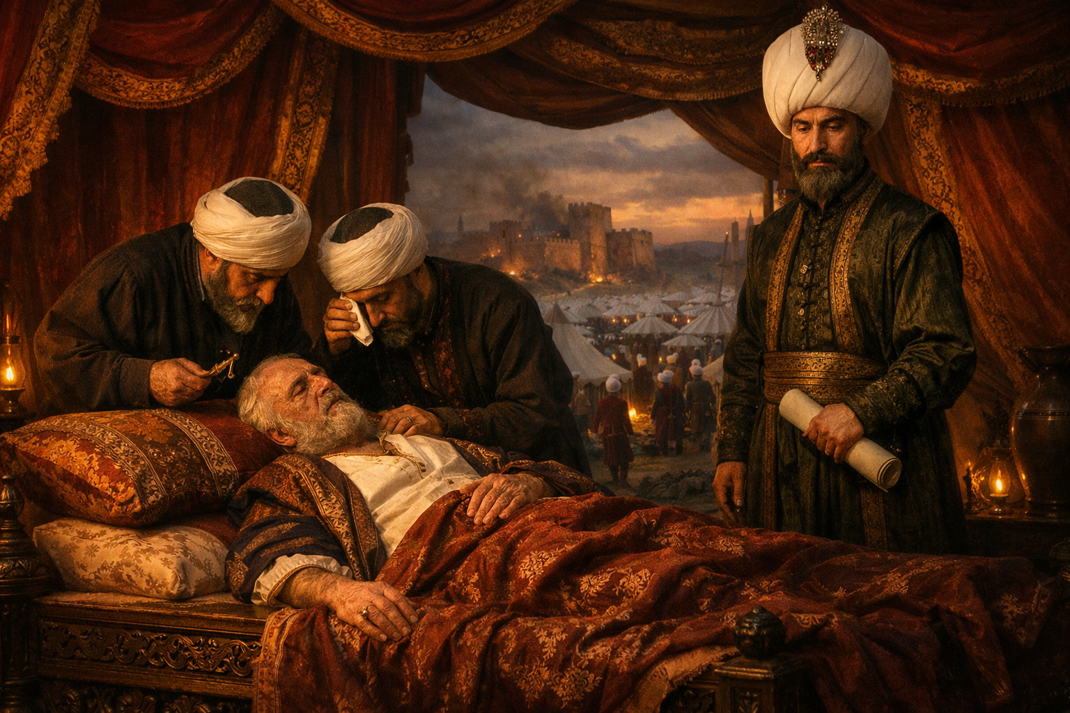 Inside a grand Ottoman imperial tent, Sultan Suleiman the Magnificent lies dying on a brocade-draped campaign bed attended by physicians, while Grand Vizier Sokollu Mehmed Pasha stands watchfully nearby; through the tent opening, the vast Ottoman siege camp and the distant walls of Szigetvรกr fortress are visible through gunpowder smoke at dusk.