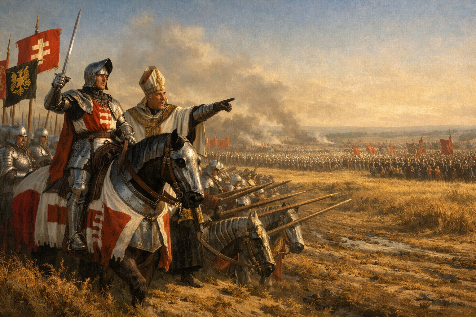 A young armored Hungarian king on horseback raises his sword before massed ranks of lance-bearing cavalry, while across a vast sunlit plain the enormous Ottoman army stands in formation with banners, cannon, and Janissary infantry stretching to the horizon.