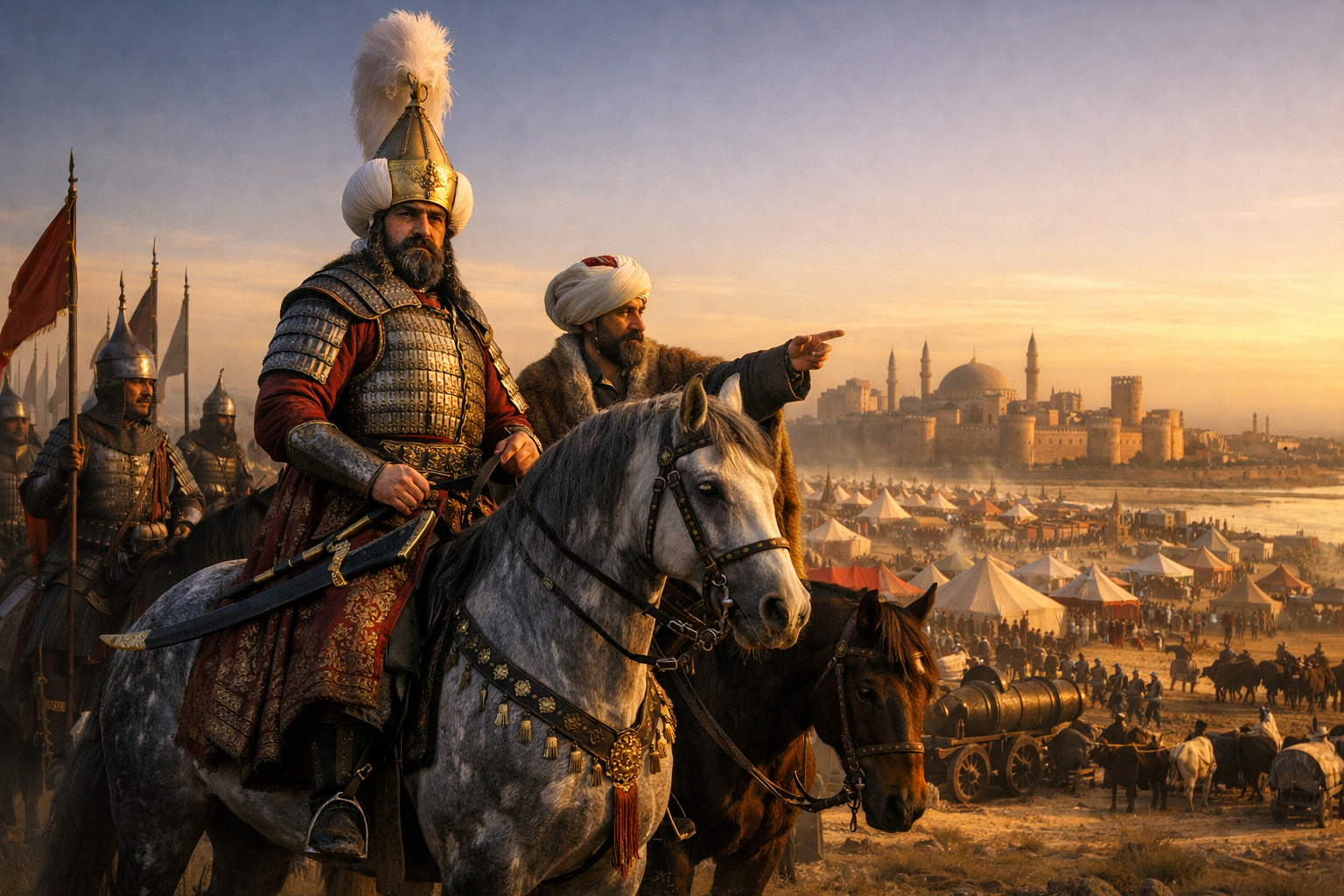 Sultan Suleiman the Magnificent on horseback at dawn, surrounded by a vast Ottoman army on the plain before the ancient walled city of Baghdad, with the Tigris River gleaming in the early morning light, autumn 1534.