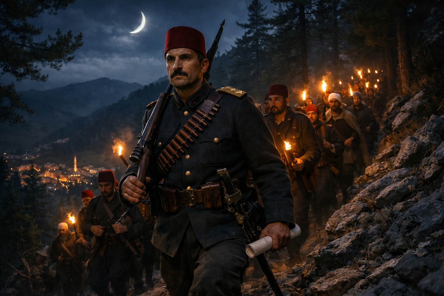 Ottoman soldiers and armed civilians march by torchlight through Macedonian mountain forest at night, led by an officer in 1908 Ottoman uniform holding a manifesto, with the distant lights of Resne visible in the valley below.
