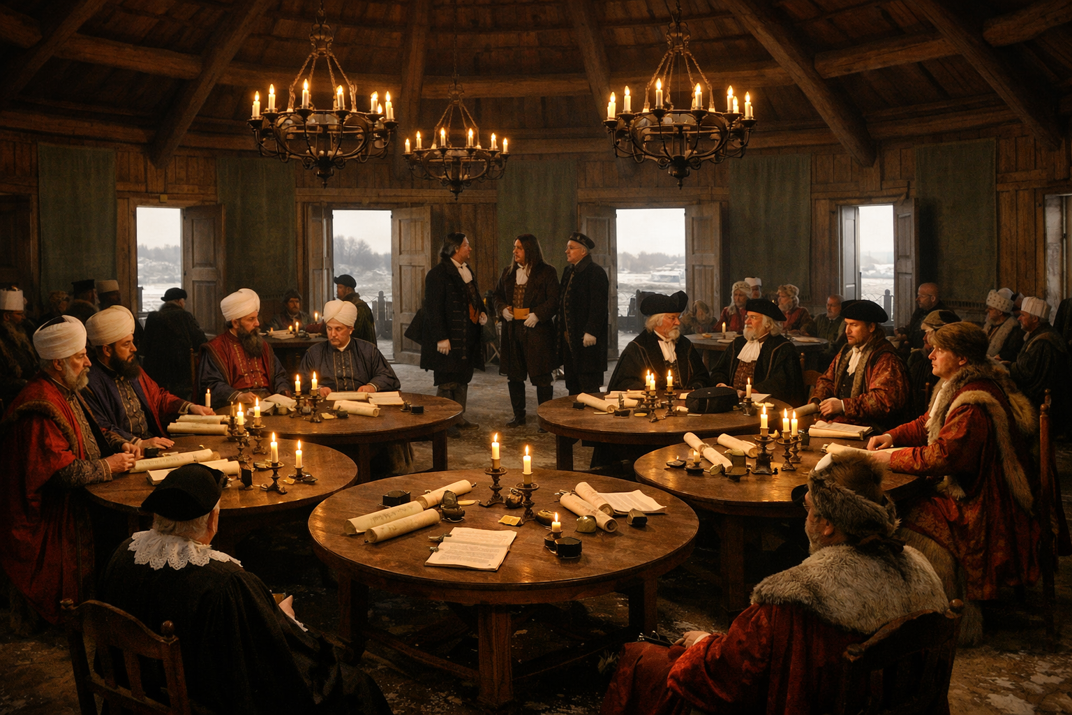 Interior of the circular diplomatic pavilion at Karlowitz in January 1699, showing Ottoman, Habsburg, Venetian, Polish-Lithuanian, and Dutch-English delegates in period dress seated at five identical tables arranged in a circle, with multiple symmetrical doors open to a snowy winter landscape beyond.