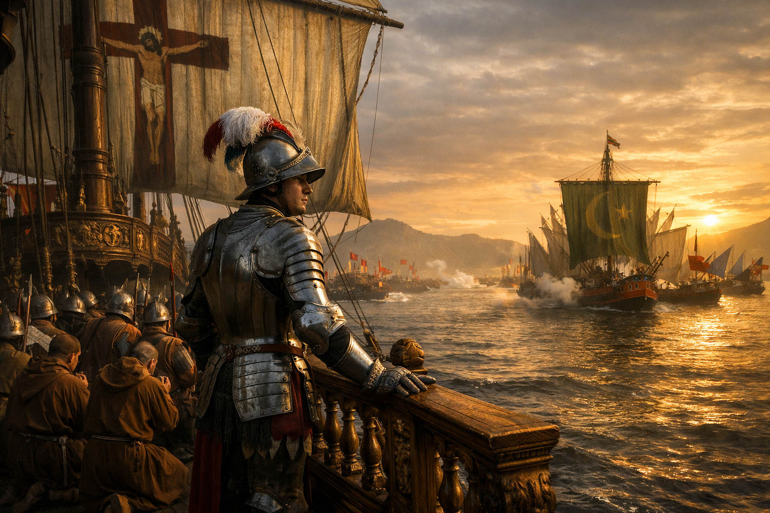 A young armored commander stands on the stern of a Holy League galley at dawn as two massive 16th-century fleets โ Christian ships bearing crosses and Ottoman galleys flying green crescent banners โ converge across a mist-covered sea with cannon smoke rising between them.
