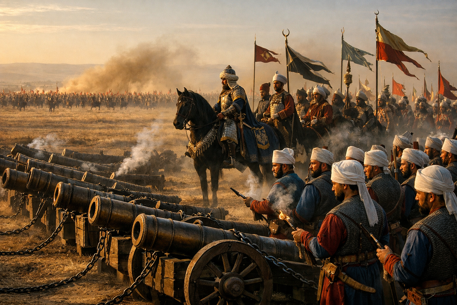 A wide cinematic view of the plain of Chaldiran at dawn, 1514, showing Ottoman cannons and Janissary musketeers in formation in the foreground with Sultan Selim I on horseback amid Ottoman standards, while across the vast dusty plain the Safavid Qizilbash cavalry host approaches in great columns of rising dust.