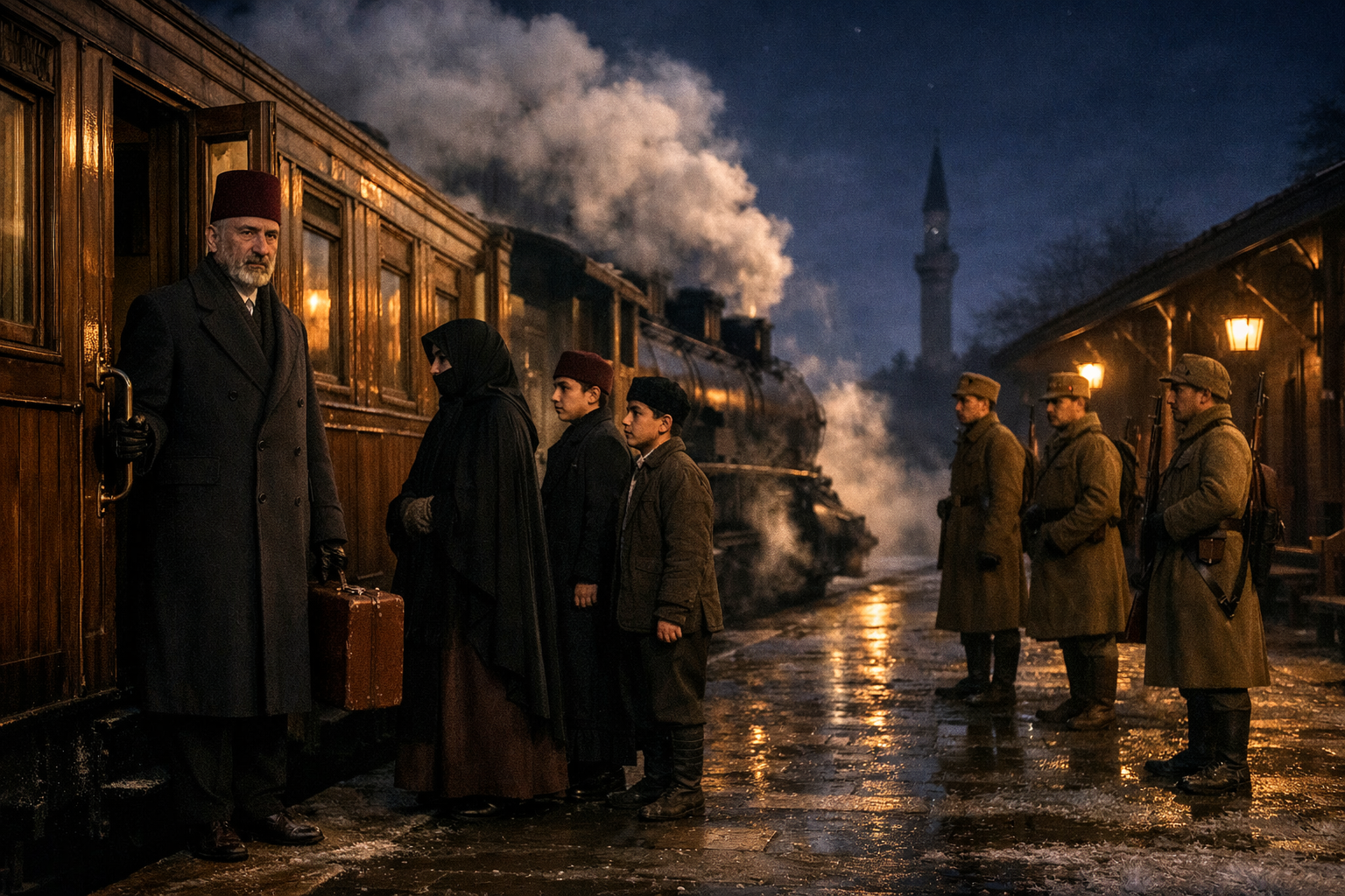 Abdul Mecid II, the last Caliph, stands at the door of a railway carriage at a darkened Ottoman-era station platform in the pre-dawn hours of March 1924, clutching a small leather case, surrounded by silent Republican guards as a steam locomotive idles in the cold night air.