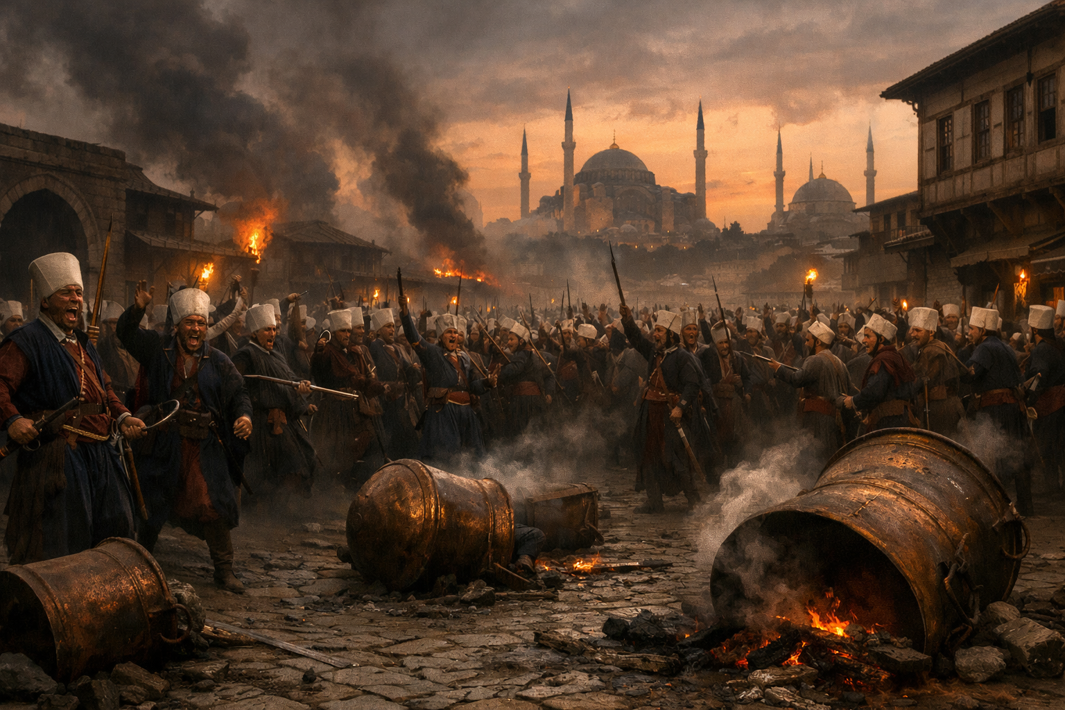 Thousands of Janissary soldiers in traditional white felt caps and blue-red kaftans crowd Istanbul's Meat Square at dawn, their overturned copper cauldrons gleaming on the cobblestones as smoke rises from burning buildings against a hazy Ottoman skyline.