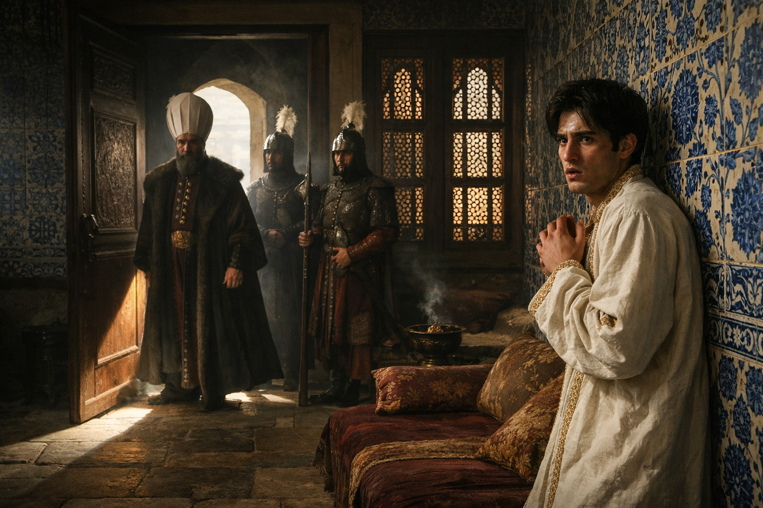 A terrified young Ottoman prince presses against a tiled wall inside the opulent but prison-like Kafes apartments of Topkapi Palace as a Grand Vizier and palace guards appear in the doorway with news of his accession, 1640.