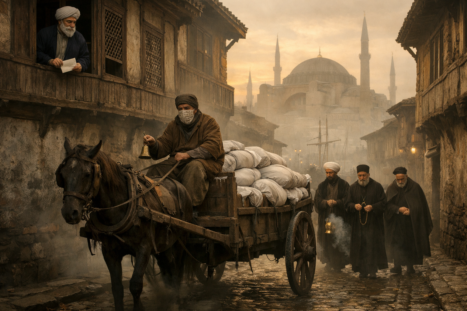 A death cart carrying shrouded plague victims moves through a foggy Ottoman Istanbul street at dawn in 1467, followed by a multi-faith procession of mourners swinging censers, while a turbaned physician watches from a window above holding a sealed letter.