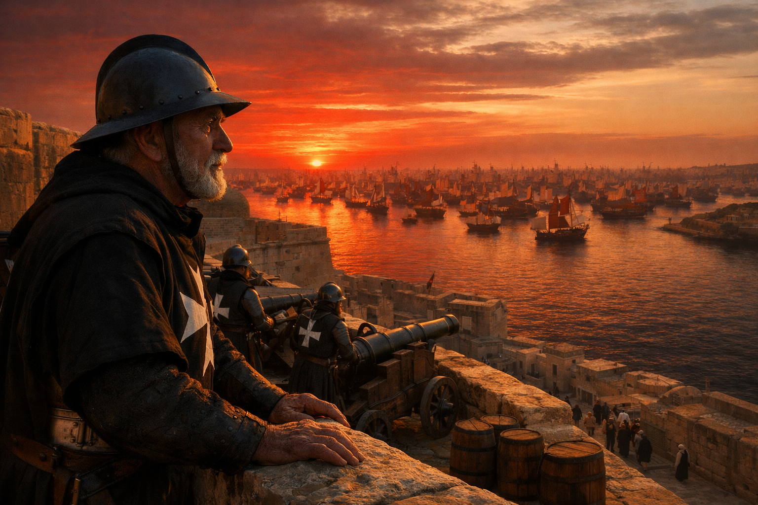 An aged Knight Hospitaller commander in black surcoat grips the limestone battlements of Fort St. Angelo at blood-red dawn, gazing out at a vast Ottoman fleet darkening Malta's Grand Harbor on May 18, 1565.