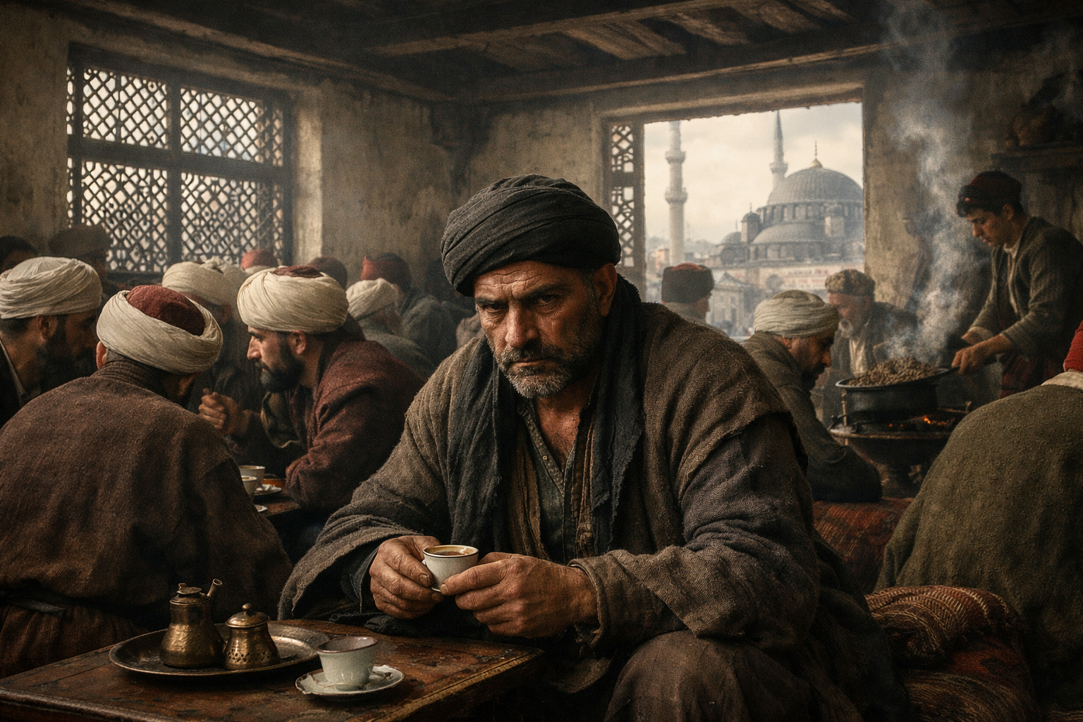 A crowded Ottoman coffeehouse interior in Constantinople, 1730, with dozens of turbaned men in period dress gathered in hushed conversation around small tables and copper coffee vessels, Patrona Halil a brooding presence in the foreground, the minarets of the Beyazฤฑt Mosque visible through latticed windows in the morning light.