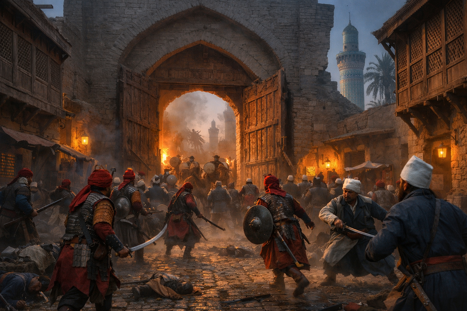 Safavid Persian qizilbash soldiers in red turbans and lamellar armor breach the gates of Baghdad at pre-dawn, surging through smoke-filled streets past authentic early 17th-century mudbrick and tile architecture while outnumbered Ottoman Janissary defenders make a last stand near a stone fountain, January 1624.