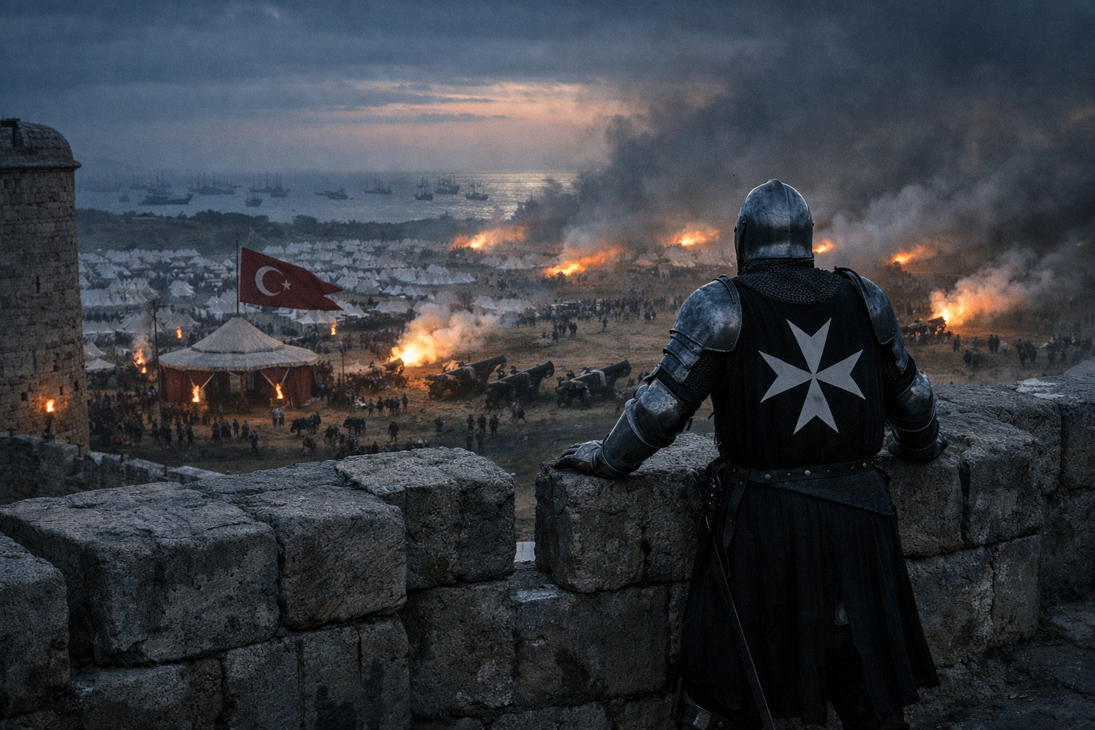 A lone Knight Hospitaller in plate armor stands atop the limestone walls of Rhodes at pre-dawn, watching as hundreds of Ottoman cannons fire across the plain below, their muzzle flashes illuminating a vast Ottoman camp of thousands of tents, with a crescent-flagged command pavilion and hundreds of ships visible on the Aegean beyond.