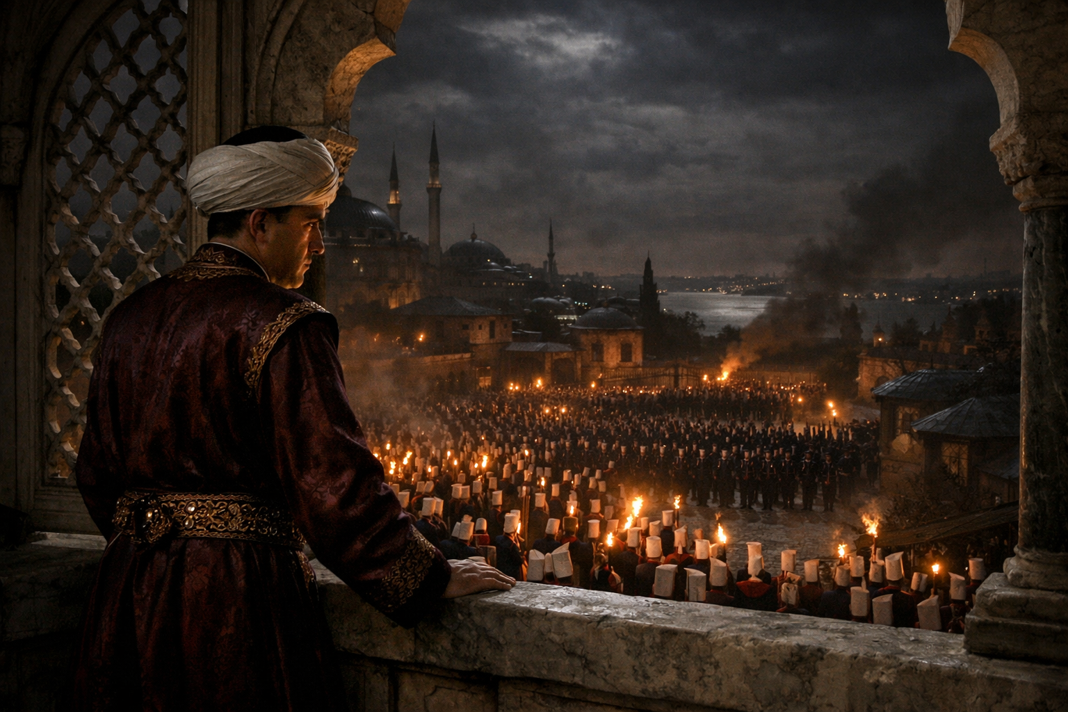 Sultan Selim III stands at an ornate Topkapฤฑ Palace window gazing down at thousands of torch-bearing Janissaries massed in the Hippodrome below, while a small formation of Nizam-ฤฑ Cedid troops holds the palace gate, Istanbul, night of May 29, 1807.