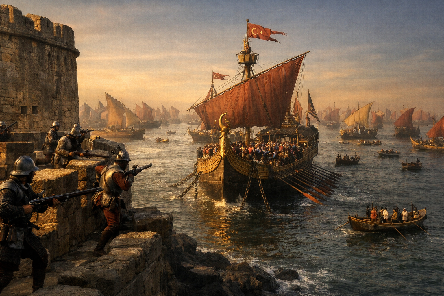 Dawn view of the Portuguese fortress of Diu rising from rocky coastline as a vast Ottoman and Gujarati fleet of lateen-sailed galleys positions for bombardment on the Arabian Sea, with soldiers on both sides rushing to battle stations in the early morning light of September 1538.