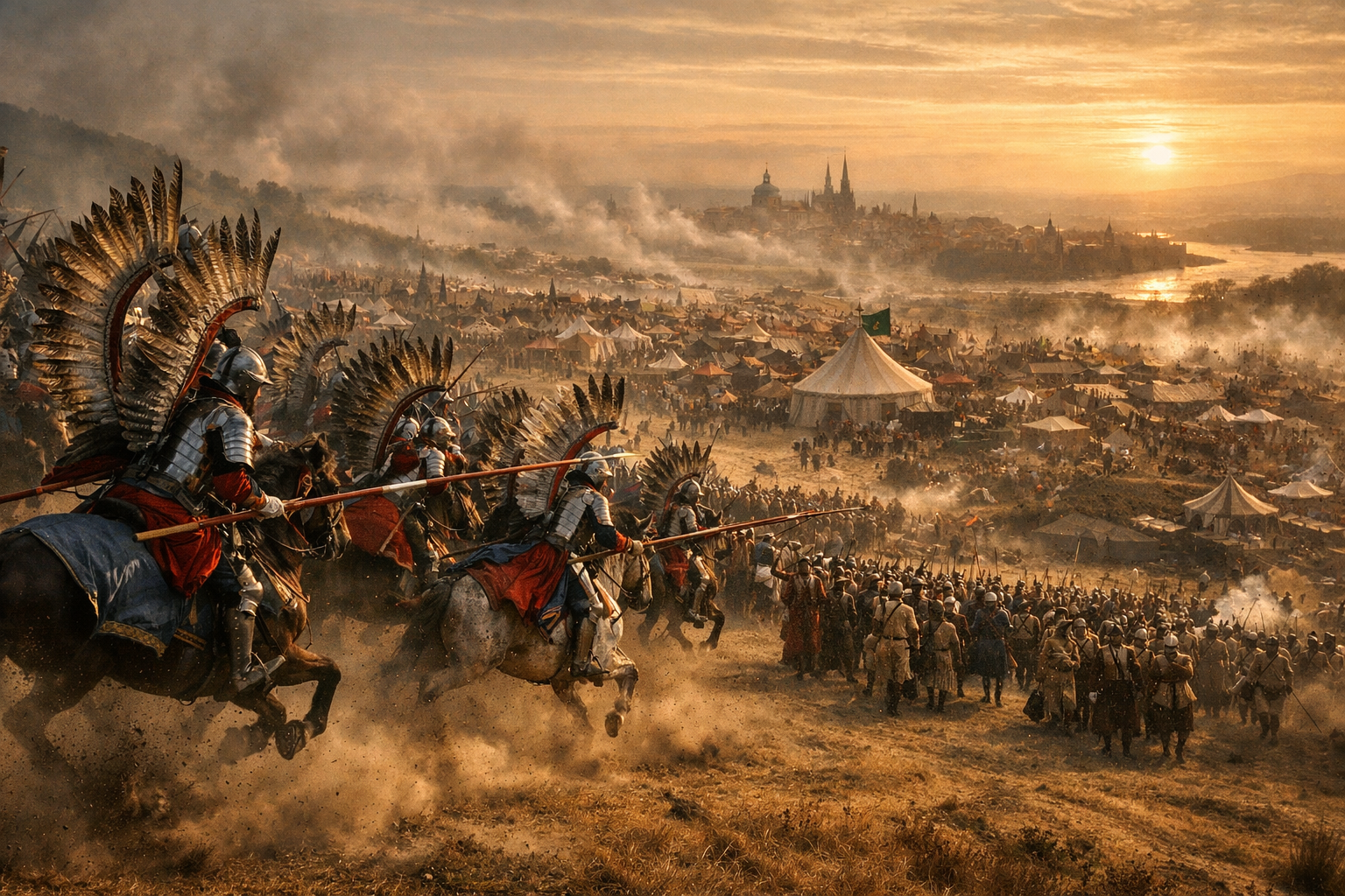 Polish Winged Hussars charge down Kahlenberg Hill at dawn toward the sprawling Ottoman siege camp outside Vienna, with the city's walls visible on the horizon through cannon smoke, September 12, 1683.