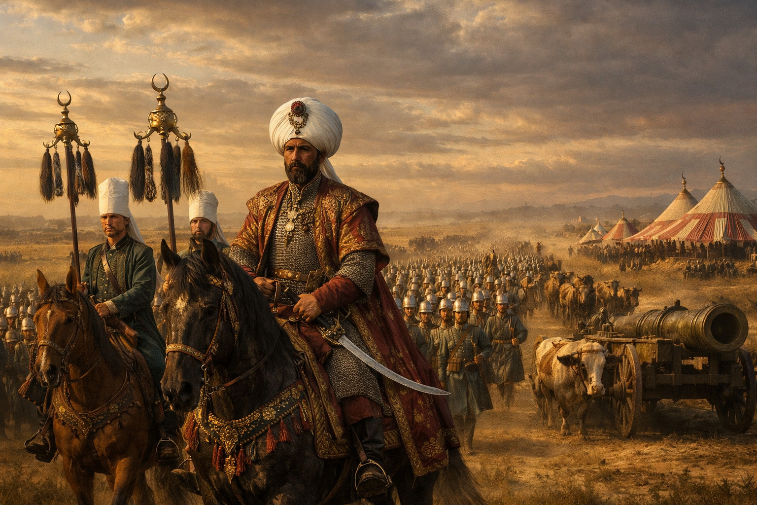 The Ottoman army under Grand Vizier Fazฤฑl Ahmed Kรถprรผlรผ marches across the Hungarian plains in summer 1663, with janissary infantry, cavalry, siege cannons, and tugh standards stretching to the horizon under a dramatic golden sky.