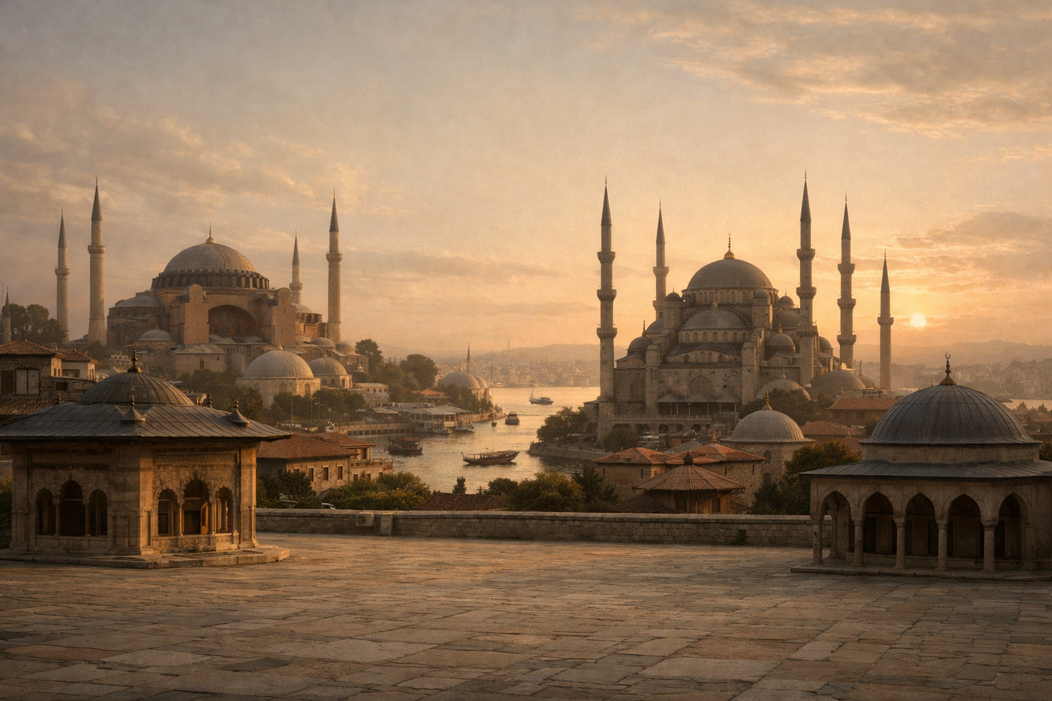 Ottoman imperial city skyline with mosques and the Bosphorus at golden hour